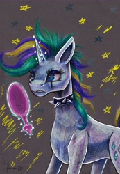 Size: 4409x6370 | Tagged: safe, artist:cahandariella, derpibooru import, rarity, unicorn, g4, alternate hairstyle, colored pencil drawing, concave belly, gray background, horn, mirror, punk, raripunk, simple background, slender, solo, thin, traditional art