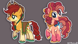 Size: 812x463 | Tagged: safe, artist:devilbunzz, derpibooru import, part of a set, applejack, pinkie pie, earth pony, pony, g4, alternate color palette, alternate cutie mark, alternate design, alternate hair color, alternate tail color, alternate tailstyle, alternate universe, applejack's hat, blaze (coat marking), blue eyes, body freckles, braid, braided ponytail, braided tail, cape, clothes, coat markings, colored belly, colored hooves, colored muzzle, cowboy hat, curly hair, curly mane, curly tail, draw over, duo, duo female, facial markings, female, freckles, gray background, green eyes, hat, leonine tail, lidded eyes, long mane, long tail, looking at you, mare, mealy mouth (coat marking), multicolored mane, multicolored tail, open mouth, open smile, outline, pale belly, peytral, pink coat, pink mane, pink tail, ponytail, raised hoof, raised leg, red mane, red tail, signature, simple background, smiling, smiling at you, snip (coat marking), socks (coat marking), standing, tail, tied mane, tied tail, two toned mane, unshorn fetlocks, wall of tags, yellow coat