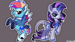 Size: 812x463 | Tagged: safe, artist:devilbunzz, derpibooru import, part of a set, rainbow dash, rarity, pegasus, pony, unicorn, g4, alternate cutie mark, alternate design, alternate eye color, alternate hair color, alternate hairstyle, alternate tail color, alternate tailstyle, alternate universe, blaze (coat marking), blue coat, blue eyes, coat markings, collar, colored ear fluff, colored ears, colored hooves, colored horn, colored pinnae, colored wings, colored wingtips, duo, duo female, ear fluff, ears, facial markings, female, fetlock tuft, flying, gray background, horn, leg fluff, leonine tail, lidded eyes, long tail, looking at you, mare, multicolored hair, multicolored mane, multicolored tail, multicolored wings, narrowed eyes, open mouth, open smile, peytral, purple coat, purple eyes, purple mane, purple tail, rainbow hair, rainbow tail, raised hoof, raised hooves, raised leg, shiny hooves, short hair rainbow dash, short mane, short tail, signature, simple background, smiling, smiling at you, socks (coat marking), spread wings, standing, star (coat marking), tail, tail fluff, wall of tags, wingding eyes, wings