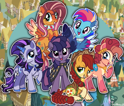 Size: 1106x944 | Tagged: safe, artist:devilbunzz, derpibooru import, applejack, fluttershy, pinkie pie, rainbow dash, rarity, twilight sparkle, earth pony, pegasus, pony, unicorn, g4, alternate color palette, alternate cutie mark, alternate design, alternate eye color, alternate hair color, alternate hairstyle, alternate tail color, alternate tailstyle, alternate universe, applejack's hat, bags under eyes, blaze (coat marking), blue coat, blue eyes, body freckles, braid, braided ponytail, braided tail, cape, cloak, clothes, coat markings, collar, colored belly, colored ear fluff, colored ears, colored hooves, colored horn, colored muzzle, colored pinnae, colored wings, colored wingtips, cowboy hat, curly hair, curly mane, curly tail, draw over, duo, duo female, ear fluff, ears, earth pony twilight, facial markings, female, fetlock tuft, flying, freckles, gradient mane, gradient tail, gray background, green eyes, group, hat, horn, leg fluff, leonine tail, lidded eyes, long mane, long tail, looking at you, mane six, mare, mealy mouth (coat marking), multicolored hair, multicolored mane, multicolored tail, multicolored wings, neck bow, open mouth, open smile, outline, pale belly, passepartout, peytral, pink coat, pink mane, ponytail, purple coat, purple eyes, purple mane, purple tail, race swap, rainbow hair, raised hoof, raised hooves, raised leg, red mane, red tail, ringlets, screencap background, sextet, signature, simple background, sitting, smiling, smiling at you, snip (coat marking), socks (coat marking), spread wings, standing, star (coat marking), straight mane, straight tail, tail, tail fluff, teal eyes, tied mane, tied tail, two toned mane, unshorn fetlocks, wall of tags, wingding eyes, wings, yellow coat