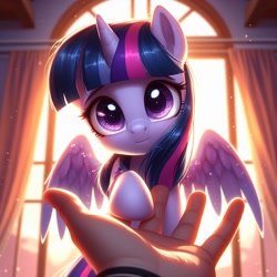 Size: 1024x1024 | Tagged: safe, ai content, derpibooru import, generator:dall-e 3, machine learning generated, twilight sparkle, twilight sparkle (alicorn), alicorn, human, g4, cute, female, hand, hoof hold, looking at you, mare, twiabetes, window