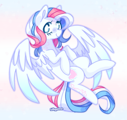 Size: 893x845 | Tagged: safe, artist:sillyp0ne, derpibooru import, star catcher, pegasus, pony, g3, blue eyes, blushing, coat markings, colored pinnae, colored wings, eyelashes, facial markings, female, flag background, flying, gradient wings, long mane, long tail, looking at you, mare, multicolored mane, multicolored tail, partially open wings, pride, pride flag, shiny mane, shiny tail, signature, smiling, smiling at you, solo, tail, transgender pride flag, two toned wings, wavy mane, wavy tail, white coat, wingding eyes, wings