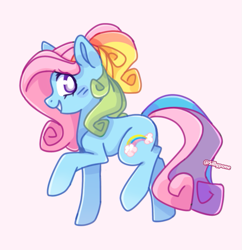 Size: 673x695 | Tagged: safe, artist:sillyp0ne, derpibooru import, rainbow dash (g3), earth pony, pony, g3, alternate eye color, blue coat, blushing, colored pinnae, eye clipping through hair, female, long mane, long tail, looking back, mare, multicolored mane, multicolored tail, pink background, ponytail, profile, purple eyes, raised hoof, raised leg, shiny mane, shiny tail, signature, simple background, smiling, solo, tail, tied mane, wingding eyes