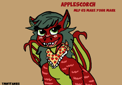 Size: 878x616 | Tagged: safe, artist:tmntfan85, derpibooru import, oc, oc only, oc:apple scorch, dracony, hybrid, brown background, clothes, female, freckles, granny smith's shawl, interspecies offspring, looking at you, name, offspring, open mouth, open smile, parent:applejack, parent:spike, parents:applespike, scarf, sharp teeth, simple background, smiling, smiling at you, teeth