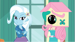 Size: 895x504 | Tagged: safe, artist:polorenzielephant, derpibooru import, edit, edited screencap, screencap, fluttershy, trixie, human, a little birdie told me, equestria girls, equestria girls series, g4, bird house, context is for the weak, geode of fauna, magical geodes, object head, wat
