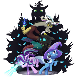 Size: 2854x2854 | Tagged: safe, artist:turkojar, derpibooru import, discord, queen chrysalis, starlight glimmer, thorax, trixie, changeling, changeling queen, draconequus, pony, unicorn, g4, to where and back again, blast, female, fire, furrowed brow, glowing, glowing eyes, grin, horn, looking at you, magic, magic blast, male, mare, mouth hold, rearing, reformed four, silhouette, simple background, smiling, smoke bomb, transparent background