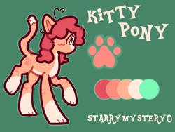 Size: 2000x1500 | Tagged: safe, artist:starrymysteryy, derpibooru import, oc, oc only, cat, cat pony, original species, pony, blushing, cat tail, female, green background, mare, paws, reference sheet, simple background, solo, tail