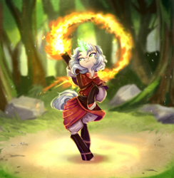 Size: 2144x2193 | Tagged: safe, artist:sparkling_light, derpibooru import, oc, oc only, pony, unicorn, avatar the last airbender, bipedal, clothes, crossover, female, fire, firebending, forest, horn, nature, solo, tree