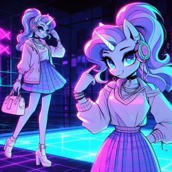 Size: 1024x1024 | Tagged: safe, ai content, derpibooru import, machine learning generated, rarity, anthro, unicorn, g4, adorasexy, bag, choker, clothes, collar, cute, female, handbag, headphones, high heels, horn, jacket, looking at you, pointing at self, pose, prompter:horselover fat, purse, sexy, shoes, skirt, standing, swimming pool, synthpunk, vaporwave