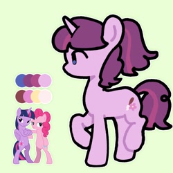 Size: 2048x2048 | Tagged: safe, artist:starrymysteryy, derpibooru import, pinkie pie, twilight sparkle, twilight sparkle (alicorn), oc, alicorn, earth pony, pony, unicorn, adoptable, bedroom eyes, bipedal, crossed hooves, female, green background, horn, lesbian, magical lesbian spawn, mare, next generation, offspring, parent:pinkie pie, parent:twilight sparkle, parents:twinkie, reference sheet, shipping, simple background, twinkie