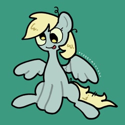Size: 2048x2048 | Tagged: safe, artist:starrymysteryy, derpibooru import, derpy hooves, pegasus, pony, g4, derp, female, green background, mare, simple background, sitting, solo, spread wings, tongue, tongue out, wings