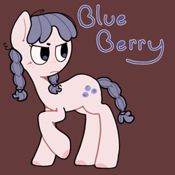 Size: 2048x2048 | Tagged: safe, artist:starrymysteryy, derpibooru import, oc, oc only, oc:blue berry, earth pony, pony, adoptable, braid, braided tail, brown background, female, freckles, mare, pigtails, simple background, tail