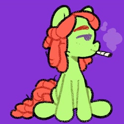 Size: 2048x2048 | Tagged: safe, artist:starrymysteryy, derpibooru import, tree hugger, earth pony, pony, g4, blunt, drug use, drugs, female, mare, marijuana, purple background, simple background, sitting, smoking, solo