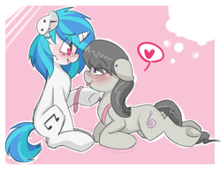 Size: 739x564 | Tagged: artist needed, safe, derpibooru import, dj pon-3, octavia melody, vinyl scratch, earth pony, unicorn, g4, blushing, bowtie, ear piercing, female, heart, horn, lesbian, piercing, scratchtavia, shipping