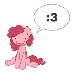 Size: 2048x2048 | Tagged: safe, artist:starrymysteryy, derpibooru import, pinkie pie, earth pony, pony, g4, :3, dialogue, female, mare, simple background, sitting, solo, speech bubble, white background