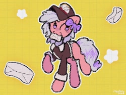Size: 1024x768 | Tagged: safe, artist:starrymysteryy, derpibooru import, oc, oc only, earth pony, pony, abstract background, bow, clothes, commission, female, hair bow, hat, letter, mailmare, mailmare hat, mare, mouth hold, palindrome get, shirt, solo