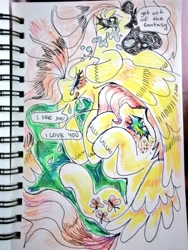 Size: 768x1024 | Tagged: safe, artist:drawswithpaws, derpibooru import, fluttershy, pegasus, pony, g4, abstract, solo, talking, traditional art