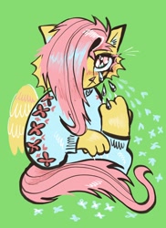 Size: 1494x2048 | Tagged: safe, artist:drawswithpaws, derpibooru import, fluttershy, anthro, cat, g4, catified, crying, green background, simple background, solo, species swap