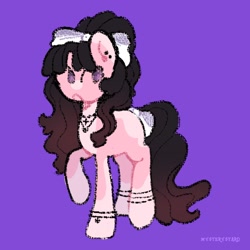 Size: 2048x2048 | Tagged: safe, artist:starrymysteryy, derpibooru import, oc, oc only, oc:dahlia ash, earth pony, pony, bow, bracelet, cross, cross necklace, ear piercing, female, hair bow, jewelry, mare, necklace, piercing, purple background, purple eyes, simple background, solo, tail, tail bow