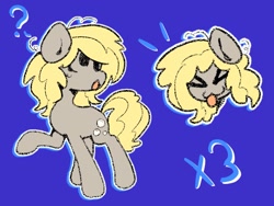 Size: 1024x768 | Tagged: safe, artist:starrymysteryy, derpibooru import, derpy hooves, earth pony, pony, g4, blue background, earth pony derpy hooves, female, mare, question mark, race swap, simple background, solo, x3