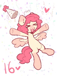Size: 768x1024 | Tagged: safe, artist:starrymysteryy, derpibooru import, oc, oc only, pegasus, pony, abstract background, birthday, colored wings, female, floating heart, hat, heart, mare, party hat, solo, wings