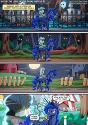 Size: 2171x3070 | Tagged: safe, artist:mysticalpha, derpibooru import, princess luna, alicorn, ghost, pony, undead, unicorn, comic:day in the lives of the royal sisters, g4, barn, colt, comic, dialogue, duo focus, eyes in the dark, female, fence, foal, forest, full moon, graveyard, high res, horn, lidded eyes, male, mare, moon, nature, open mouth, open smile, ponies riding ponies, portal, riding, riding a pony, smiling, speech bubble, tree