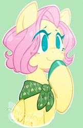 Size: 1160x1788 | Tagged: safe, artist:crackledbugs, derpibooru import, fluttershy, pegasus, pony, g4, alternate hairstyle, cute, female, green background, mare, neckerchief, short hair, shyabetes, simple background, solo