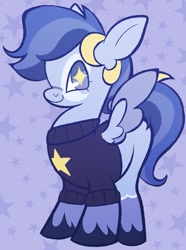 Size: 1039x1395 | Tagged: safe, artist:crackledbugs, derpibooru import, oc, oc only, oc:starlight moondust, pegasus, pony, abstract background, clothes, female, mare, solo, sweater