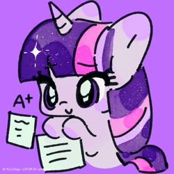 Size: 2048x2048 | Tagged: safe, artist:azhiichigo, derpibooru import, twilight sparkle, unicorn twilight, pony, unicorn, g4, a+, cute, female, mare, purple background, simple background, solo, twiabetes