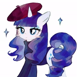 Size: 2048x2048 | Tagged: safe, artist:azhiichigo, derpibooru import, rarity, pony, unicorn, g4, beatnik rarity, beret, blushing, clothes, female, french rarity, hat, high res, horn, looking at you, mare, simple background, solo, sweater, turtleneck, white background