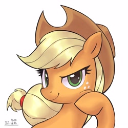 Size: 4000x4000 | Tagged: safe, artist:低能废物, derpibooru import, applejack, earth pony, pony, g4, bust, female, looking at you, mare, portrait, simple background, smiling, smiling at you, solo, text, white background