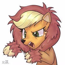 Size: 4000x4000 | Tagged: safe, artist:低能废物, derpibooru import, applejack, earth pony, pony, g4, animal costume, applelion, bust, clothes, costume, female, lion costume, mare, open mouth, portrait, roar, simple background, solo, text, white background