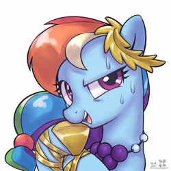 Size: 4000x4000 | Tagged: safe, artist:低能废物, derpibooru import, rainbow dash, pegasus, pony, g4, aside glance, clothes, dress, female, grand galloping gala, looking at you, mare, open mouth, simple background, smiling, solo, sweat, text, white background