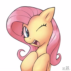 Size: 4000x4000 | Tagged: safe, artist:低能废物, derpibooru import, fluttershy, pegasus, pony, g4, bust, female, looking at you, mare, one eye closed, portrait, simple background, smiling, smiling at you, solo, text, white background, wink, winking at you
