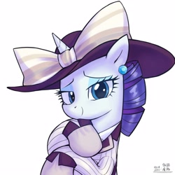 Size: 4000x4000 | Tagged: safe, artist:低能废物, derpibooru import, rarity, pony, unicorn, g4, bust, clothes, female, hat, horn, looking at you, mare, portrait, raristocrat, rose dewitt bukater, simple background, smiling, smiling at you, solo, text, titanic, white background