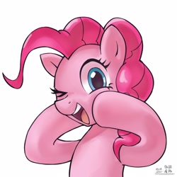 Size: 4000x4000 | Tagged: safe, artist:低能废物, derpibooru import, pinkie pie, earth pony, pony, g4, female, hooves on cheeks, looking at you, mare, one eye closed, open mouth, simple background, smiling, solo, text, white background, wink, winking at you
