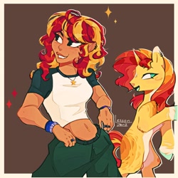 Size: 1280x1280 | Tagged: safe, artist:twiligh7s_bong, derpibooru import, sunset shimmer, human, pony, unicorn, g4, belly button, belly piercing, bipedal, brown background, clothes, countershading, ear piercing, earring, female, filipino, horn, humanized, jewelry, mare, necklace, pants, piercing, self paradox, self ponidox, short shirt, simple background, solo, wristband