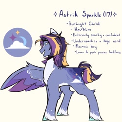 Size: 1280x1280 | Tagged: safe, artist:twiligh7s_bong, derpibooru import, oc, oc only, oc:astrik sparkle, pegasus, pony, amputee, colored wings, countershading, magical lesbian spawn, male, missing wing, next generation, offspring, parent:sunset shimmer, parent:twilight sparkle, parents:sunsetsparkle, reference sheet, solo, stallion, unshorn fetlocks, wings