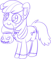 Size: 795x915 | Tagged: safe, artist:mcsadat, derpibooru import, apple bloom, earth pony, pony, g4, clothes, costume, dog costume, female, filly, foal, halloween, holiday, jack-o-lantern, mouth hold, nightmare night costume, pumpkin, pumpkin bucket, sketch, smiling, solo
