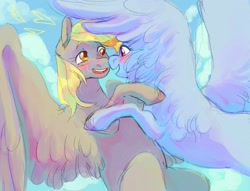 Size: 1700x1300 | Tagged: safe, artist:abbytabbys, derpibooru import, derpy hooves, rainbow dash, pegasus, pony, g4, blushing, colored eyebrows, duo, female, floating heart, flying, heart, hug, lesbian, mare, ship:derpydash, shipping, wingding eyes