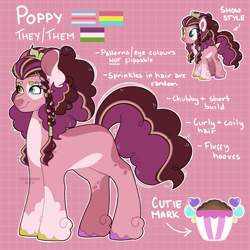 Size: 1280x1280 | Tagged: safe, artist:coleeeslawww, derpibooru import, oc, oc only, oc:poppy, earth pony, pony, coat markings, female, genderqueer pride flag, hooves, multicolored hooves, offspring, pansexual pride flag, parent:cheese sandwich, parent:pinkie pie, parents:cheesepie, pride, pride flag, reference sheet, solo, text, trans female, transfeminine pride flag, transgender