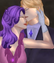 Size: 2194x2560 | Tagged: safe, artist:sh4deshad0w41, derpibooru import, prince blueblood, rarity, human, g4, clothes, couple, dress, duo, duo male and female, eyes closed, female, gala dress, hand on face, humanized, jewelry, male, ship:rariblood, shipping, simple background, smiling, straight, suit