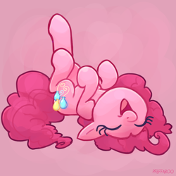 Size: 2048x2048 | Tagged: safe, artist:pfeffaroo, derpibooru import, pinkie pie, earth pony, pony, g4, cute, diapinkes, eyes closed, laughing, lying down, on back, open mouth, open smile, pink background, simple background, smiling, solo