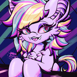 Size: 1920x1920 | Tagged: safe, artist:umbrapone, derpibooru import, oc, oc:bass-beat, bat pony, earth pony, pony, bat ears, bust, colorful, fangs, happy, hybrid oc, shiny, solo, sparkles, thick lineart