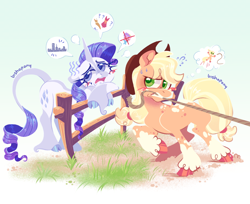 Size: 2048x1675 | Tagged: safe, artist:bishopony, derpibooru import, applejack, rarity, classical unicorn, earth pony, pony, unicorn, g4, abstract background, alternate design, alternate eye color, alternate tailstyle, applejack's hat, blaze (coat marking), blonde, blonde mane, blonde tail, blush scribble, blushing, body freckles, clothes, cloven hooves, coat markings, colored hooves, colored horn, colored pinnae, cowboy hat, dirt, emanata, eyeshadow, facial markings, female, fence, fetlock tuft, freckles, frown, grass, gray eyes, green eyes, hat, horn, leaning, leaning on fence, leonine tail, lidded eyes, long mane, long tail, looking away, makeup, mare, mouth hold, narrowed eyes, orange coat, outdoors, ponytail, pulling, purple mane, purple tail, raised hoof, raised leg, ringlets, rope, shiny hooves, shiny mane, shiny tail, signature, sparkly mane, sparkly tail, speech bubble, sweat, sweatdrop, tail, talking, thick eyelashes, thinking, thought bubble, tied mane, tied tail, two toned mane, two toned tail, unicorn horn, unshorn fetlocks, white coat, wingding eyes