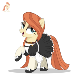 Size: 2500x2500 | Tagged: safe, artist:r4hucksake, derpibooru import, oc, oc only, oc:frazzle, earth pony, pony, apron, base used, bedroom eyes, bell, bell collar, bow, clothes, collar, eyeshadow, fishnet clothing, fishnet stockings, freckles, lidded eyes, maid, makeup, shoes, simple background, solo, stockings, thigh highs, transparent background
