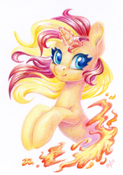 Size: 844x1200 | Tagged: safe, artist:maytee, derpibooru import, sunset shimmer, pony, unicorn, g4, bust, glowing, glowing horn, horn, magic, magic aura, portrait, smiling, solo, traditional art
