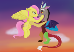 Size: 3508x2480 | Tagged: safe, artist:samenandsam, derpibooru import, discord, fluttershy, draconequus, pegasus, pony, g4, blushing, cloud, discoshy, duo, duo male and female, female, flying, high res, hug, looking at each other, looking at someone, male, shipping, sky, smiling, spread wings, straight, sunset, wings