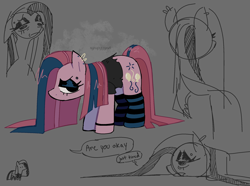 Size: 2310x1721 | Tagged: safe, artist:syrupyyy, derpibooru import, pinkie pie, pony, g4, abstract background, alternate cutie mark, black shirt, bracelet, clothes, desaturated, dialogue, doodle dump, dyed mane, dyed tail, ear piercing, earring, emo, eyebrow piercing, eyeshadow, female, frown, hooped earrings, jewelry, lidded eyes, long mane, long socks, long tail, makeup, mare, narrowed eyes, no catchlights, no mouth, offscreen character, piercing, pink coat, pinkamena diane pie, profile, shirt, signature, sketch, sketch dump, socks, standing, straight mane, straight tail, striped socks, t-shirt, tail, talking, text, torn shirt, two toned mane, two toned tail
