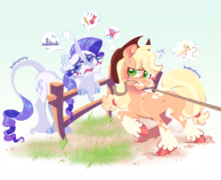 Size: 2446x2000 | Tagged: safe, artist:bishopony, derpibooru import, applejack, rarity, suri polomare, classical unicorn, earth pony, pony, unicorn, g4, blush scribble, blushing, clothes, cloven hooves, coat markings, crossed hooves, dress, duo, duo female, ears, emanata, female, fence, floppy ears, gradient background, gritted teeth, high res, horn, leonine tail, lidded eyes, manehattan, mare, mouth hold, open mouth, pictogram, plewds, pulling, question mark, rope, signature, socks (coat marking), speech bubble, sweat, sweatdrops, teeth, unshorn fetlocks